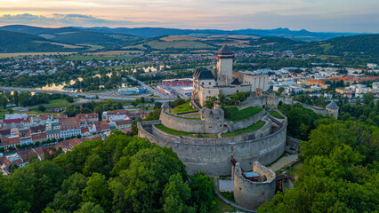 Sunset with Trencin castle overlooking the old town, Slovakia