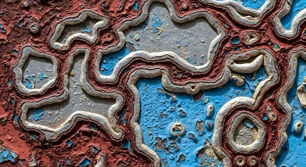 Closeup of peeling paint and rust on a textured surface