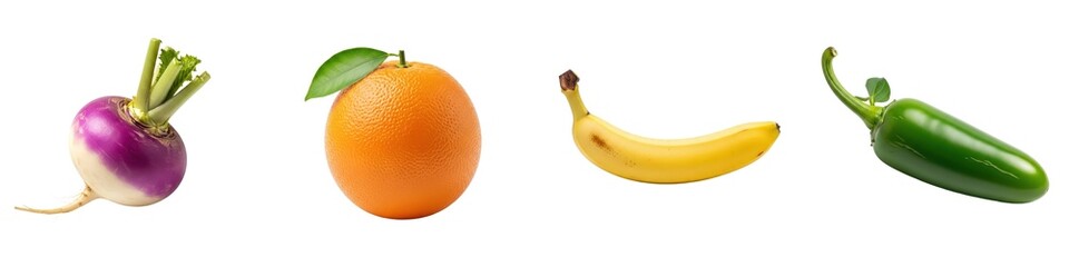 Variety of fresh produce sits on a png background. Healthy eating, organic food, vitamins, agriculture, market