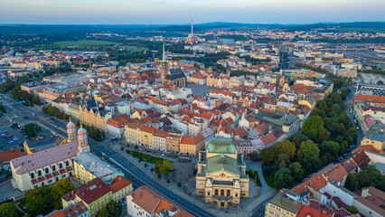 Fototapeta premium Sunset panorama of old town of Pilsen, Czech republic