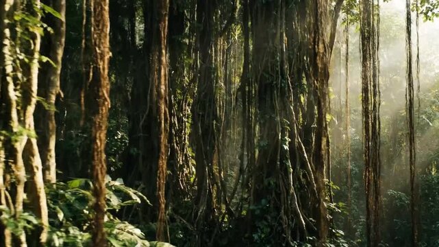 A lush jungle scene teeming with life, sunlight filtering through dense foliage, creating a vibrant atmosphere and highlighting the intricate details of the rainforest environment