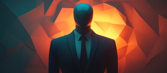 A faceless figure in a suit stands before a geometric, fiery background