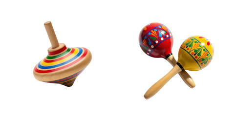 Wooden top spins, maracas are crossed on png background. Traditional toys, percussion instrument, folk music, childhood memories, cultural heritage.