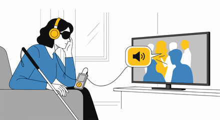 Visual impairment illustration shows person with headphones using audio description. Visual impairment illustration demonstrates accessibility through audio, describing scene for visually impaired.