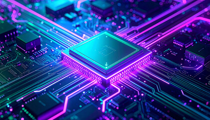 Close-up of a detailed circuit board with a central processor glowing with neon lights.