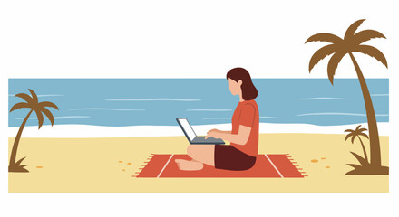 Fototapeta premium Remote work on beach setting shows woman using laptop on a beach, enjoying tropical vibes. Remote work on beach signifies flexibility and a modern lifestyle.