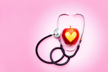 Red apple with yellow heart symbol and stethoscope on pink background image
