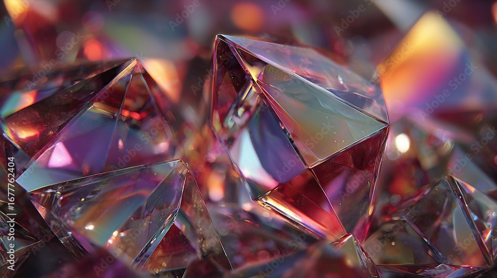 Poster close-up of multicolored diamonds on black background with blurred center image