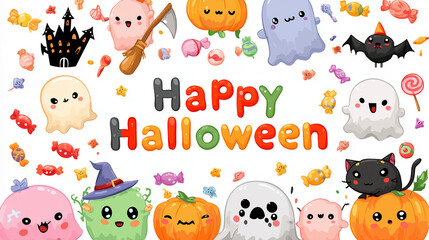 Fototapeta premium 商用利用に最適！かわいいハロウィンキャラクターとキャンディのイラスト素材