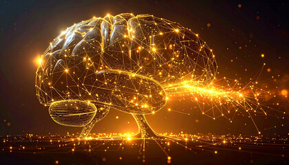 A glowing golden brain made of interconnected nodes and lines, symbolizing artificial intelligence and neural networks.