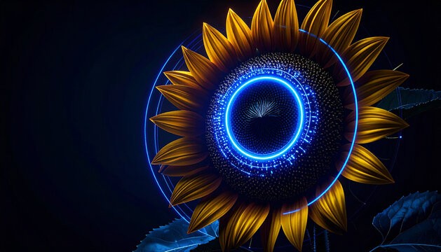 A futuristic sunflower with a glowing blue technological core against a dark background.