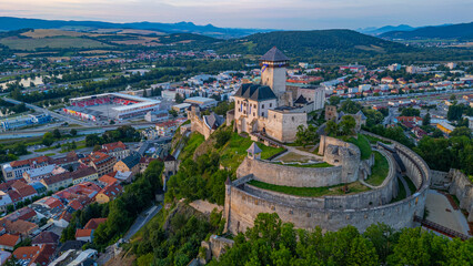 Sunset with Trencin castle overlooking the old town, Slovakia