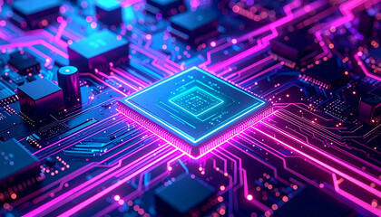 Obraz premium A glowing central processing unit with vibrant purple and blue neon lights on a futuristic computer circuit board.