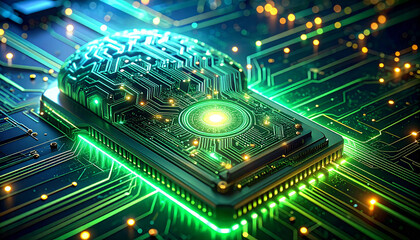 A futuristic microchip with a glowing green brain-shaped processor at its center, surrounded by intricate circuitry and illuminated by vibrant lights.