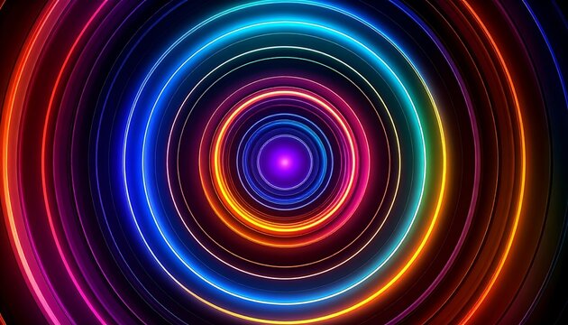 Abstract concentric circles of vibrant neon lights