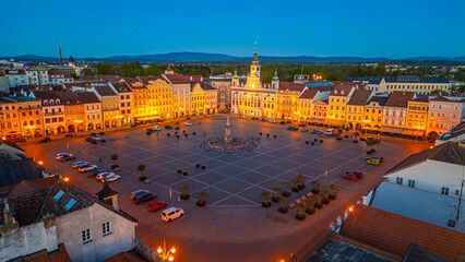 Sunrise panorama of the main square in Ceske Budejovice, Czech r