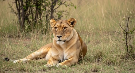 Obraz premium Lioness resting in the African savanna, observing her surroundings.