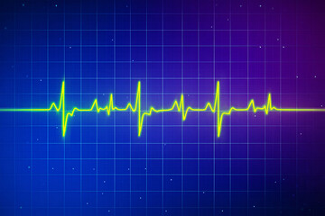 Naklejka premium Vibrant yellow electrocardiogram waveform against a blue and purple grid background heart