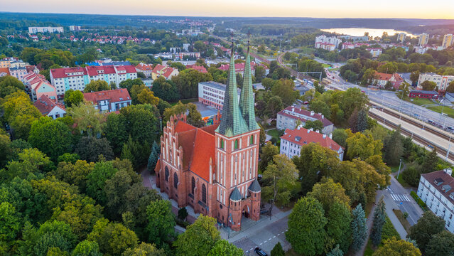 Sunset view of Church of Our Lady Queen of Poland in Olsztyn, Po