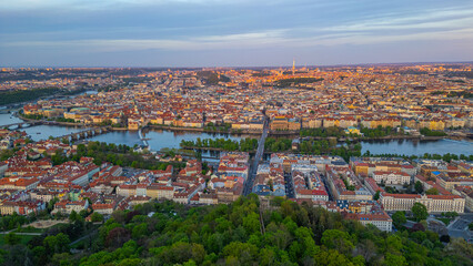 Naklejka premium Sunset panorama view of Prague from Petrin hill, Czech republic