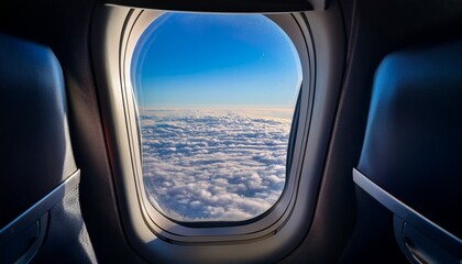 looking through a big jet passenger plane window above the clouds