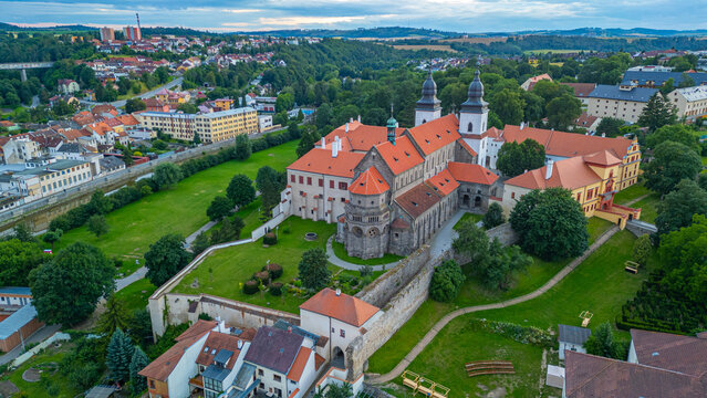 Sunset view of Saint Prokop basilica in Trebic in Czech republic