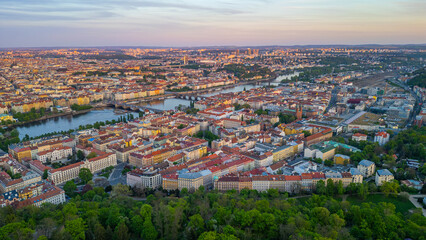 Fototapeta premium Sunset panorama view of Smichov part of Prague from Petrin hill,