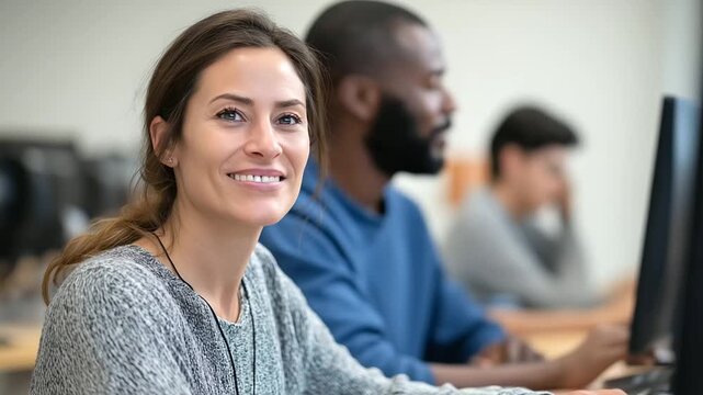 Job training program for homeless individuals in modern classroom. Homeless empowerment, job training, comprehensive program, state-of-the-art classroom, skill development