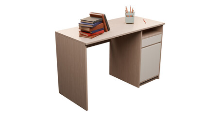 School desk with books and pencils isolated on transparent background