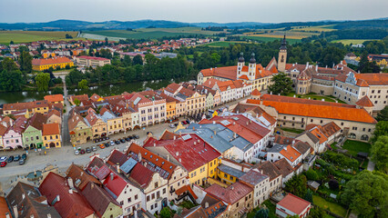 Naklejka premium Sunrise panorama view of Czech town Telc