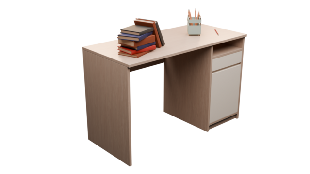 School desk with books and pencils isolated on transparent background