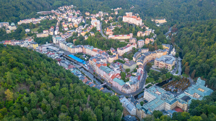 Sunset panorma view of Karlovy Vary and its hotels in Czech repu