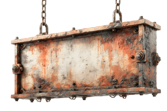 Blank rusty metal sign with rivets isolated on transarent background, showing ge and wear, perfect for ading custom text or graphis