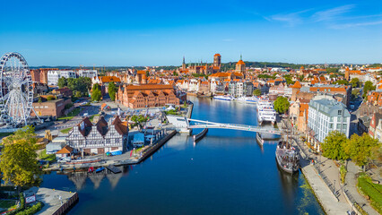 Panorama of Gdansk behind Olowianka footbridge, Poland