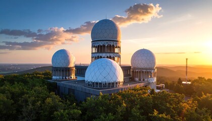 Obraz premium A serene, high-altitude view of a modern, architectural radar station, bathed in the golden hues of a tranquil sunset over a forested landscape.