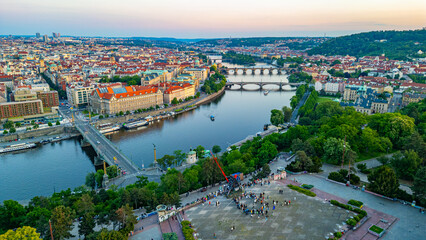 Fototapeta premium Sunset panorama view of Metronom in Prague, Czech republic