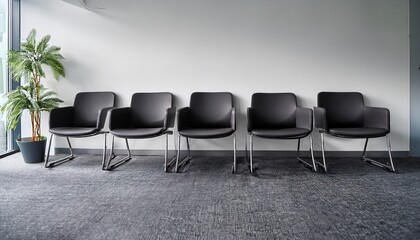 empty interior of modern office waiting room with five empty chairs