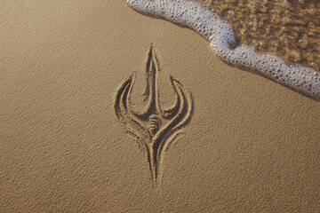 Ocean Trident Symbol One-Line Drawing Written on Sand