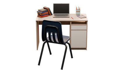 Student desk with laptop and books isolated on transparent background