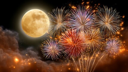 Spectacular Fireworks Display Illuminating Night Sky with Full Moon and Colorful Explosions