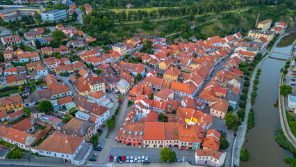 Naklejka premium Sunset panorama of Saint Prokop basilica and the jewish quarter