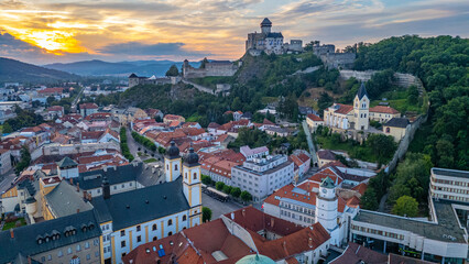 Sunrise view of Trencin castle overlooking the old town, Slovaki