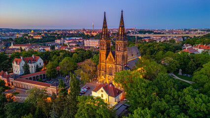 Fototapeta premium Sunset aerial view of Saints Peter and Paul Basilica at vysehrad