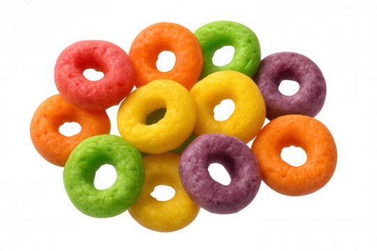 Colorful cereal rings floating, creating whimsical cloud-like pattern on transparent surface