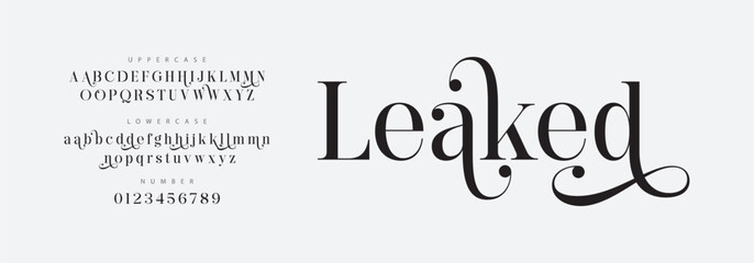 Leaked Elegant Font Uppercase Lowercase and Number. Classic Lettering Minimal Fashion Designs. Typography modern serif fonts regular decorative vintage concept. vector illustration

