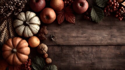 Celebrating Thanksgiving with a rustic display of pumpkins and autumn fruits on a wooden background