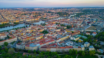Obraz premium Sunset panorama view of Smichov part of Prague from Petrin hill,