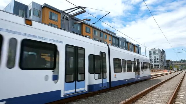 Transit-oriented development next to modern light rail station. Urban development, contemporary, light rail hub, transportation, city planning