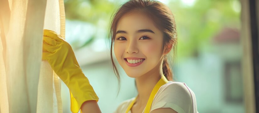 Smiling woman cleaning window with yellow gloves, looking at viewer