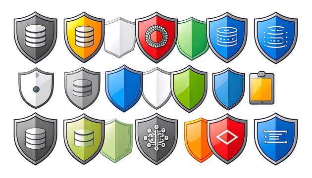 Collection of colorful shields with various data icons